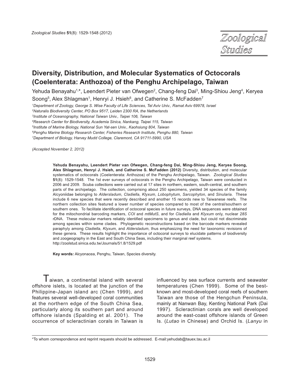 Diversity, Distribution, and Molecular Systematics of Octocorals (Coelenterata: Anthozoa) of the Penghu Archipelago, Taiwan