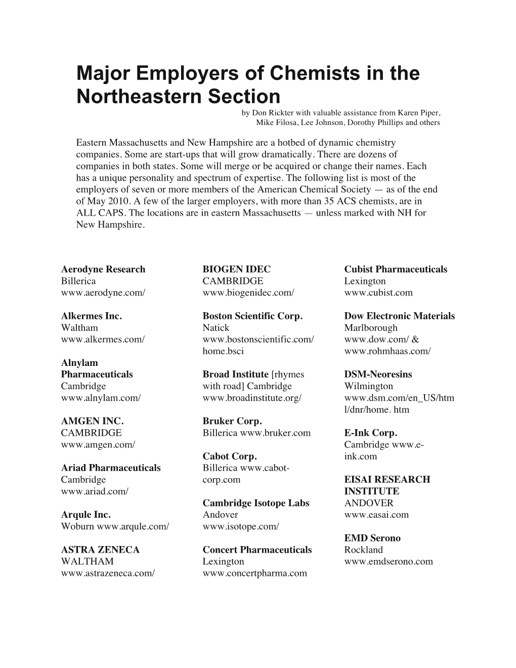 Major Employers of Chemists in the Northeastern Section