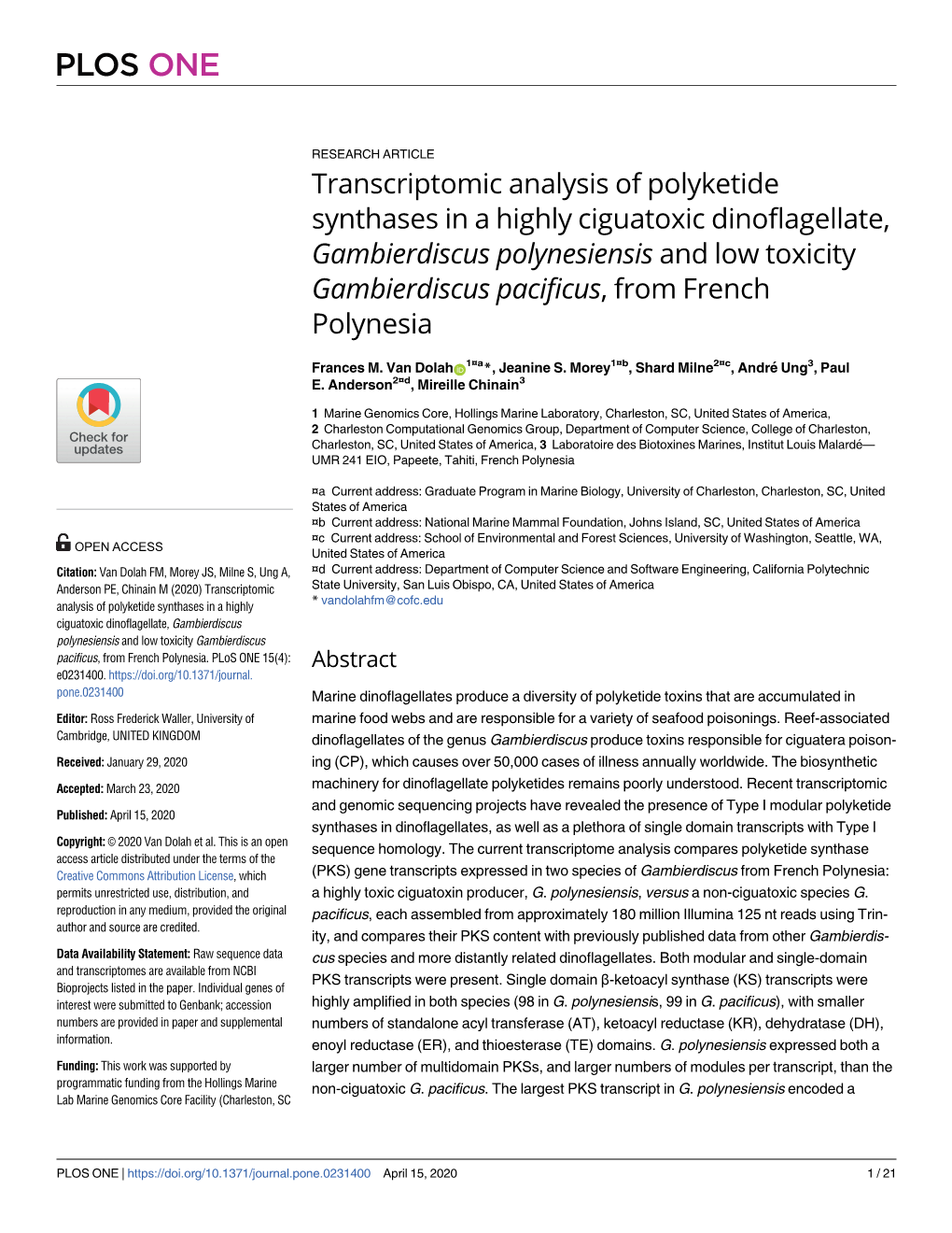 Transcriptomic Analysis of Polyketide Synthases in a Highly Ciguatoxic Dinoflagellate, Gambierdiscus Polynesiensis and Low Toxic