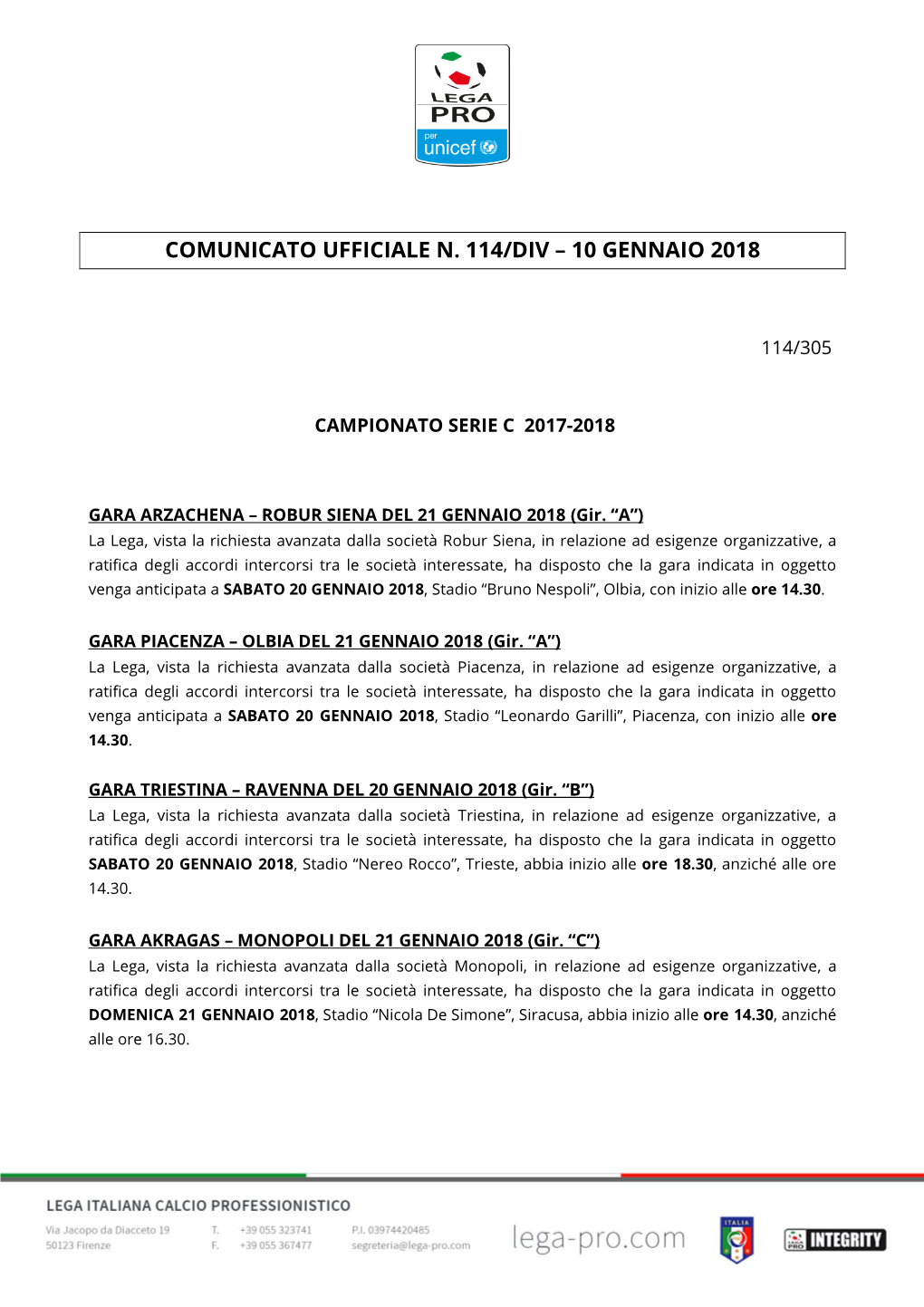 Comunicato Ufficiale N. 114/Div – 10 Gennaio 2018