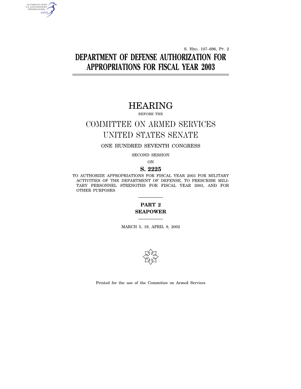 Department of Defense Authorization for Appropriations for Fiscal Year 2003