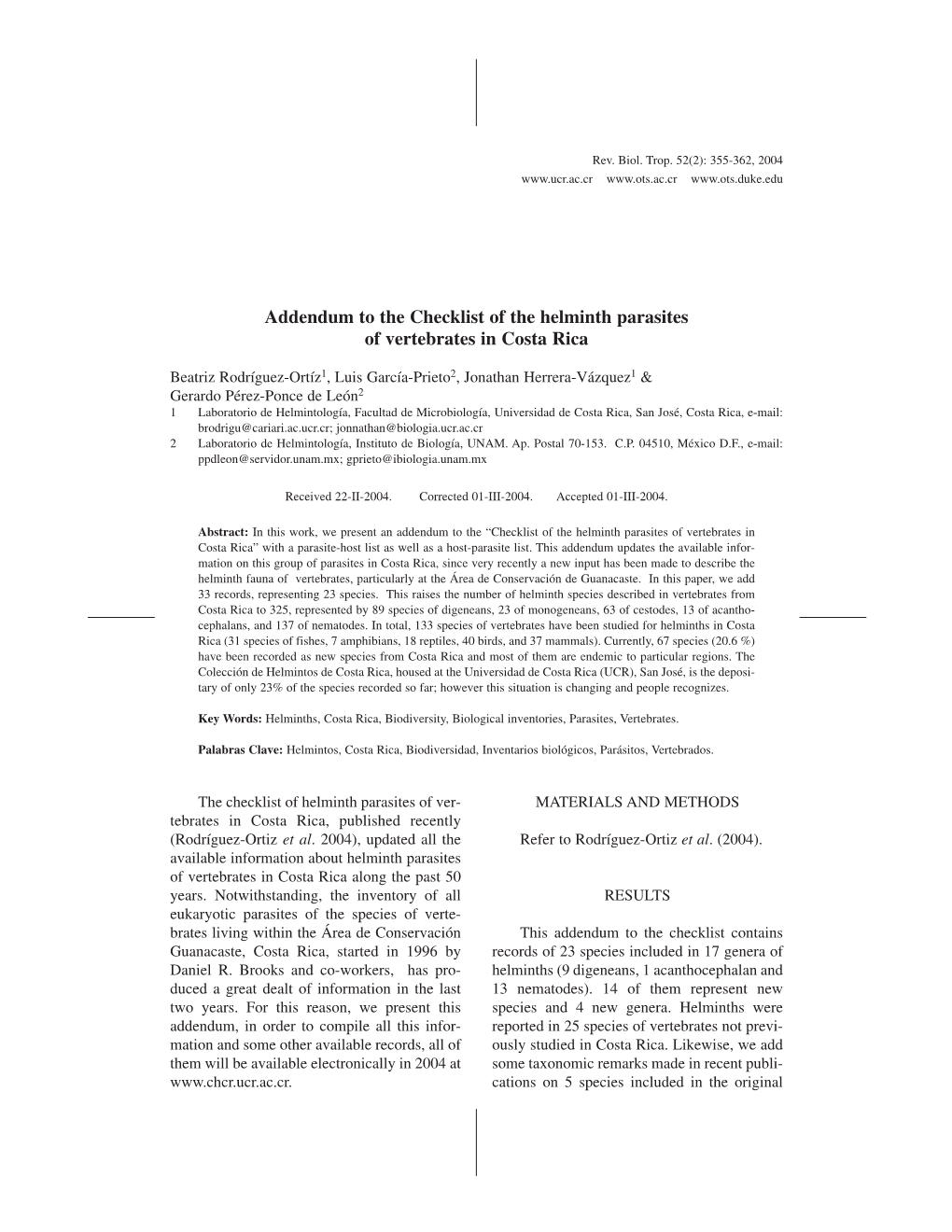 Addendum to the Checklist of the Helminth Parasites of Vertebrates in Costa Rica