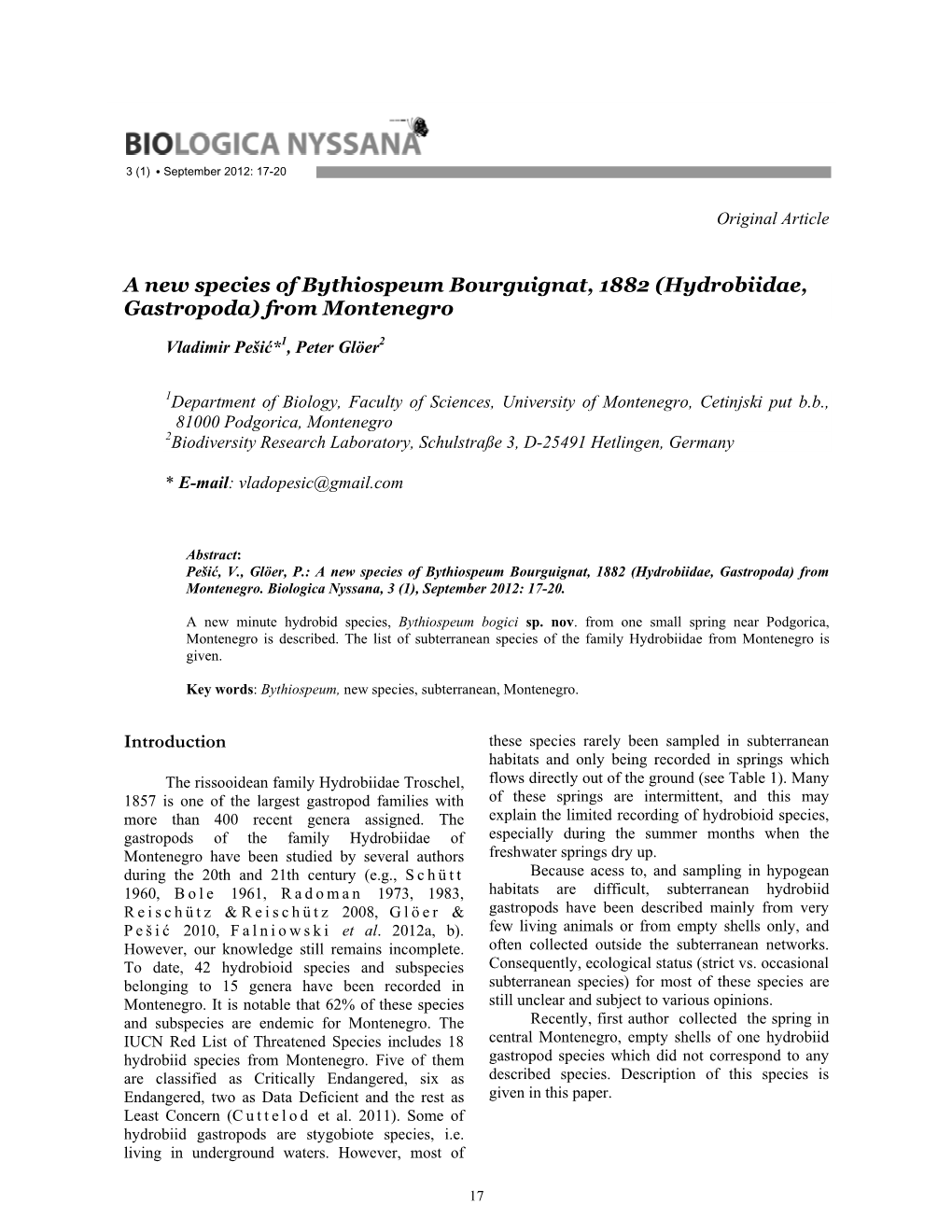 ! a New Species of Bythiospeum Bourguignat, 1882 (Hydrobiidae, Gastropoda) from Montenegro