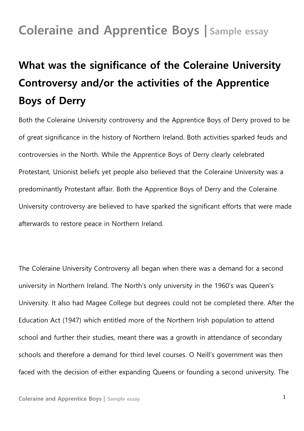 Coleraine and Apprentice Boys | Sample Essay