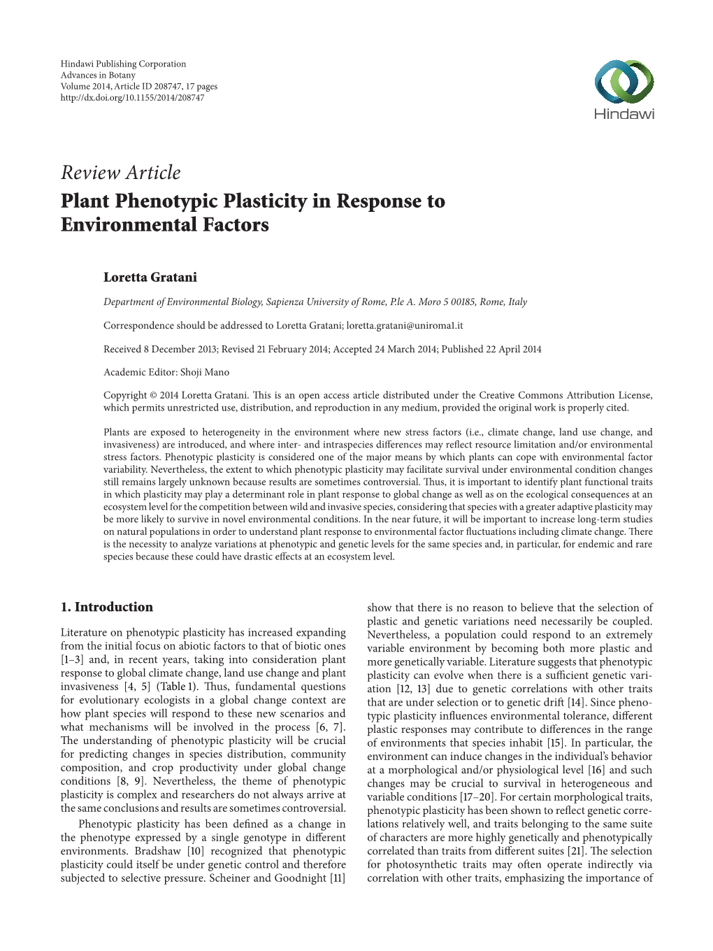 Review Article Plant Phenotypic Plasticity in Response to Environmental Factors