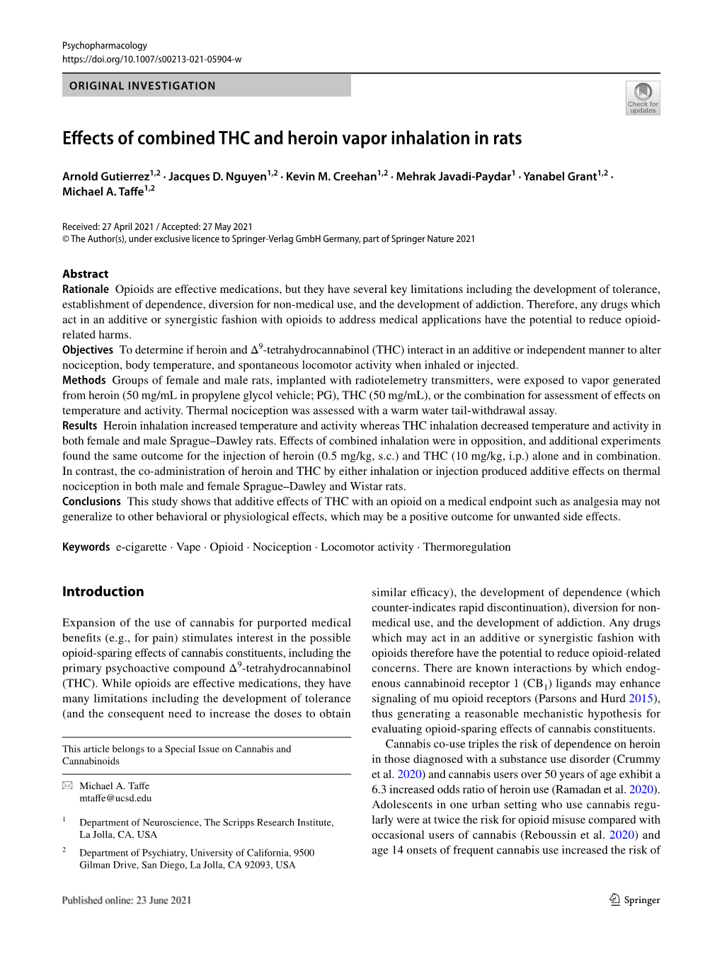 Effects of Combined THC and Heroin Vapor Inhalation