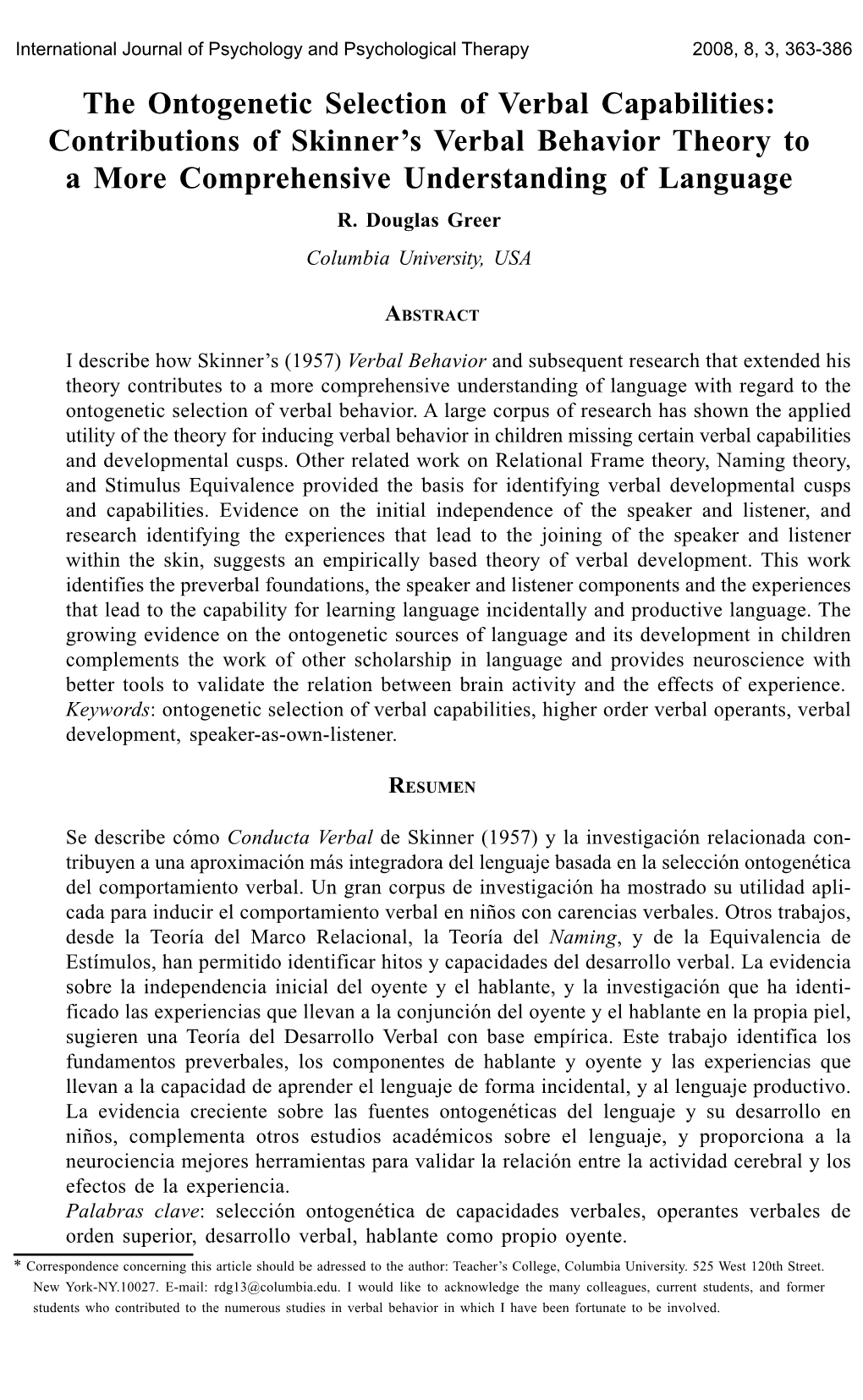 The Ontogenetic Selection of Verbal Capabilities: Contributions of Skinner’S Verbal Behavior Theory to a More Comprehensive Understanding of Language R