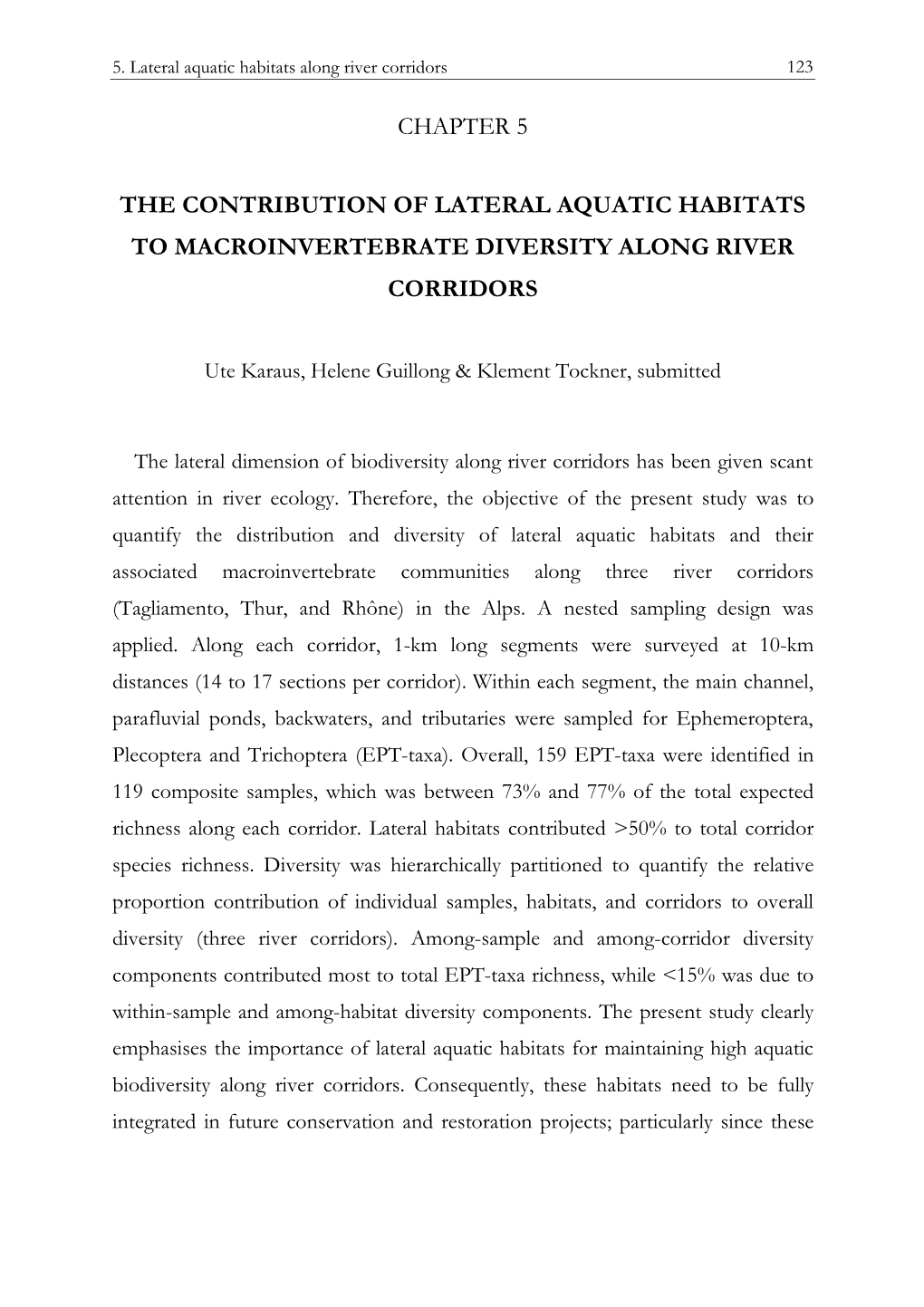 Chapter 5 the Contribution of Lateral Aquatic Habitats To