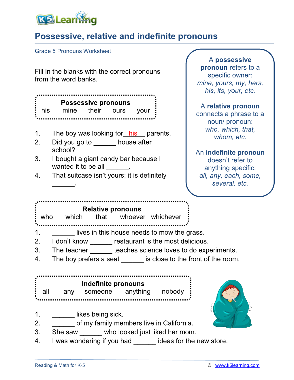 Possessive, Relative and Indefinite Pronouns Worksheet