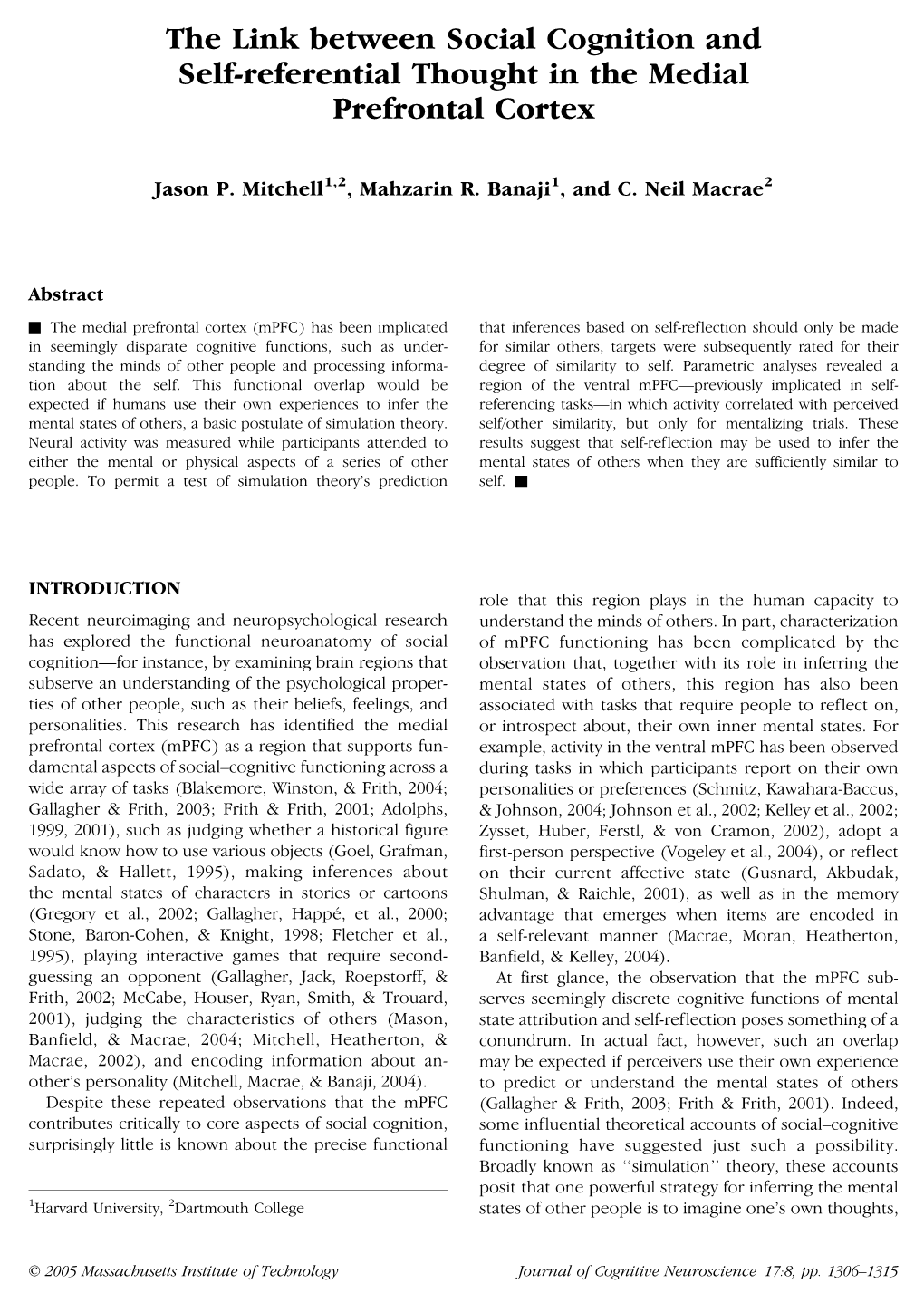 The Link Between Social Cognition and Self-Referential Thought in the Medial Prefrontal Cortex