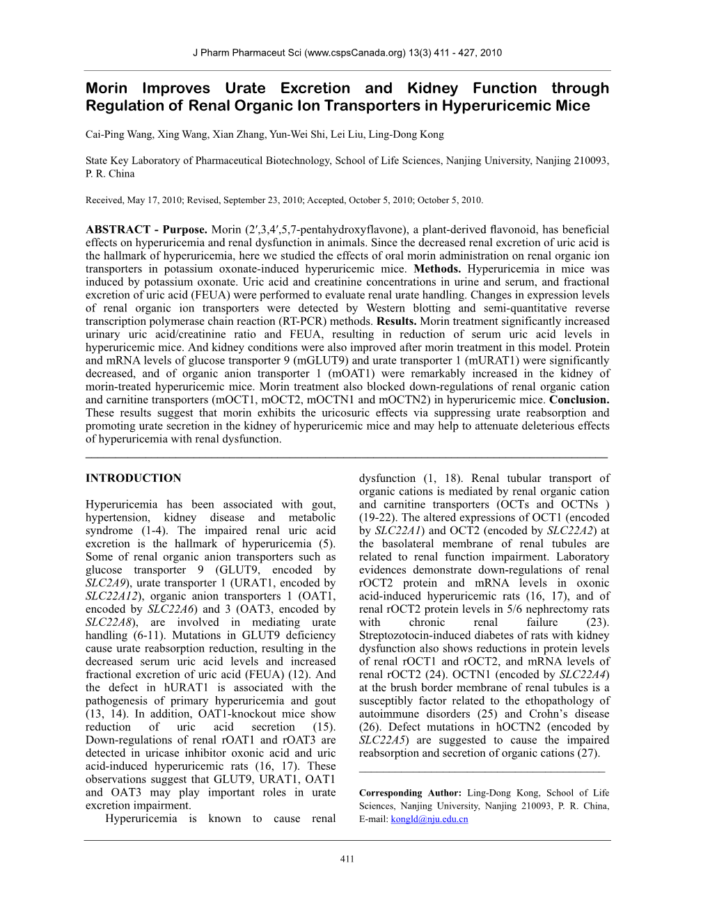 Morin Improves Urate Excretion and Kidney Function Through Regulation of Renal Organic Ion Transporters in Hyperuricemic Mice