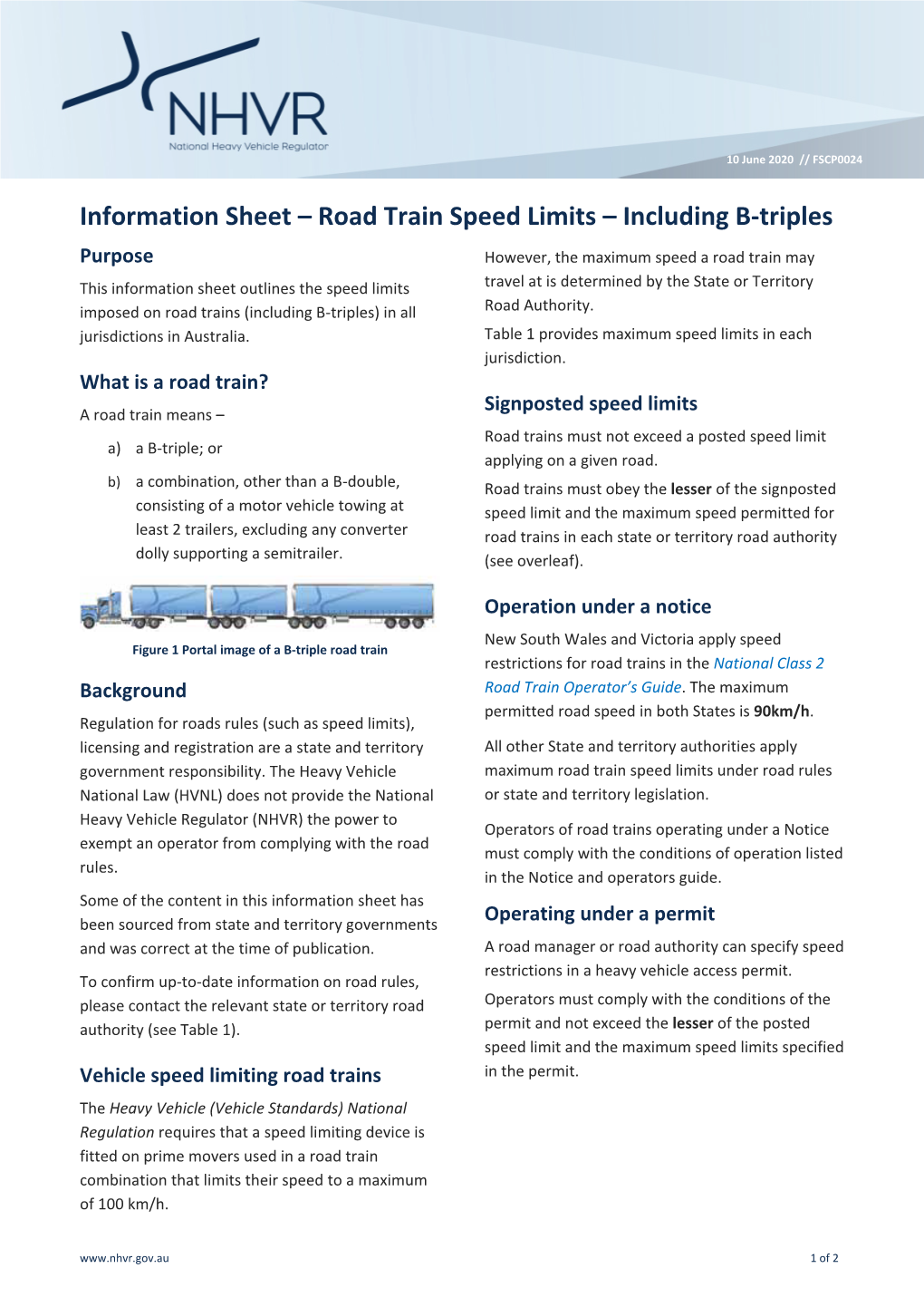 Information Sheet – Road Train Speed Limits – Including B-Triples