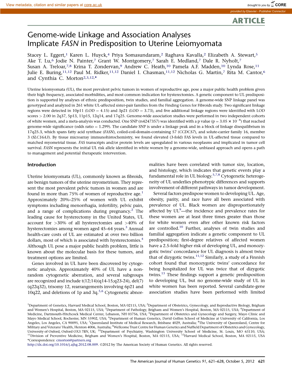 Genome-Wide Linkage and Association Analyses Implicate FASN in Predisposition to Uterine Leiomyomata