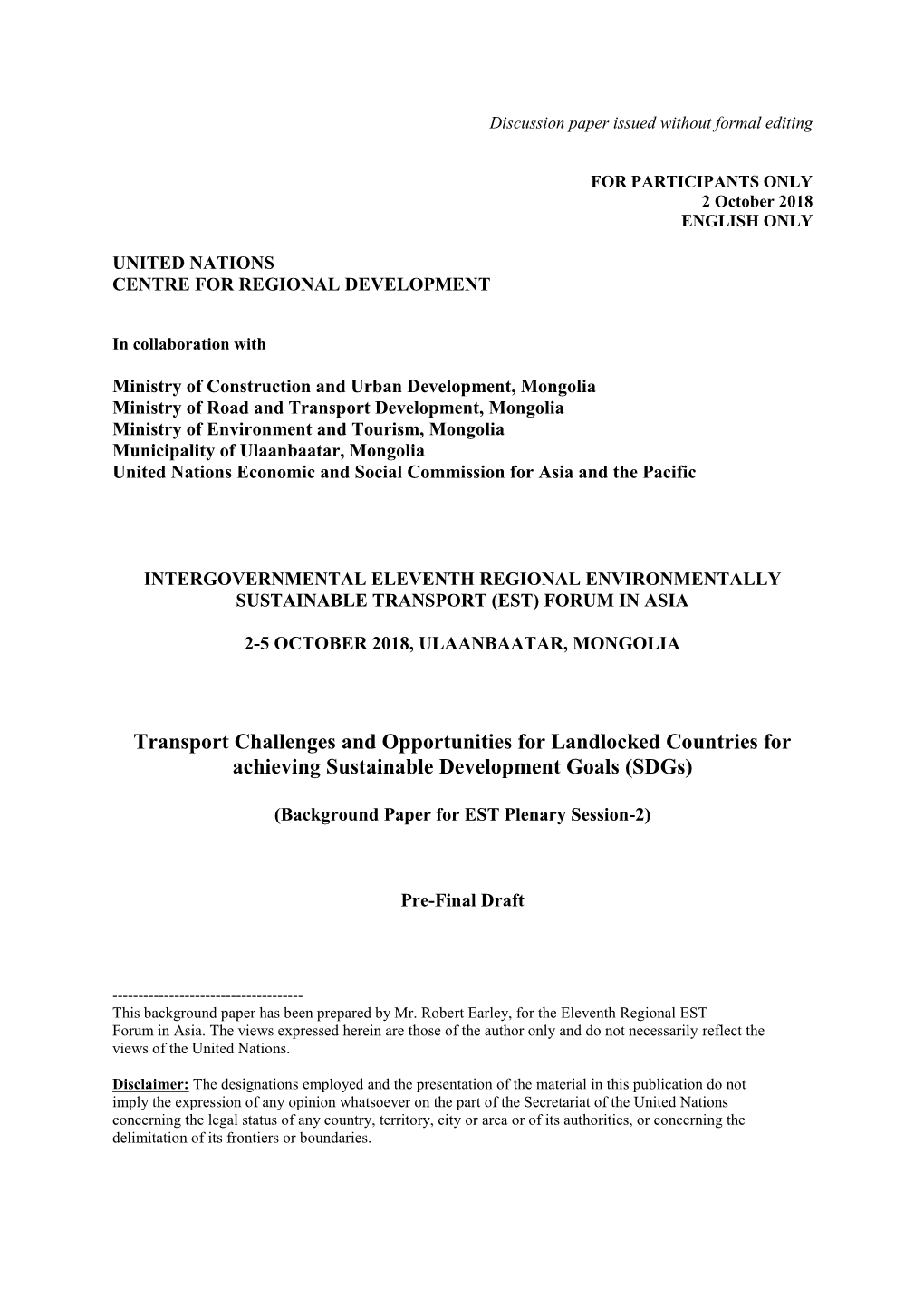 Transport Challenges and Opportunities for Landlocked Countries for Achieving Sustainable Development Goals (Sdgs)