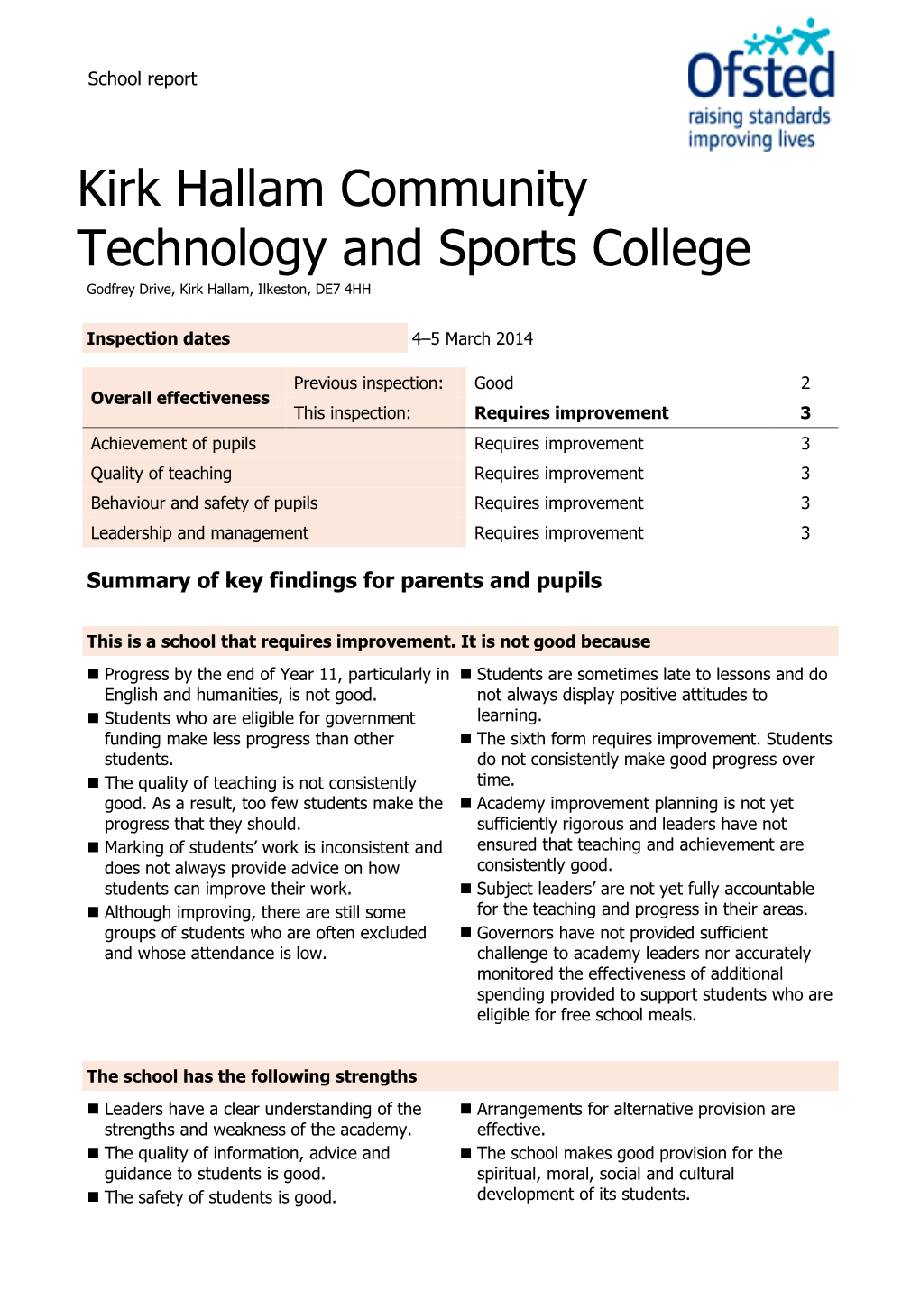 Kirk Hallam Community Technology and Sports College Godfrey Drive, Kirk Hallam, Ilkeston, DE7 4HH