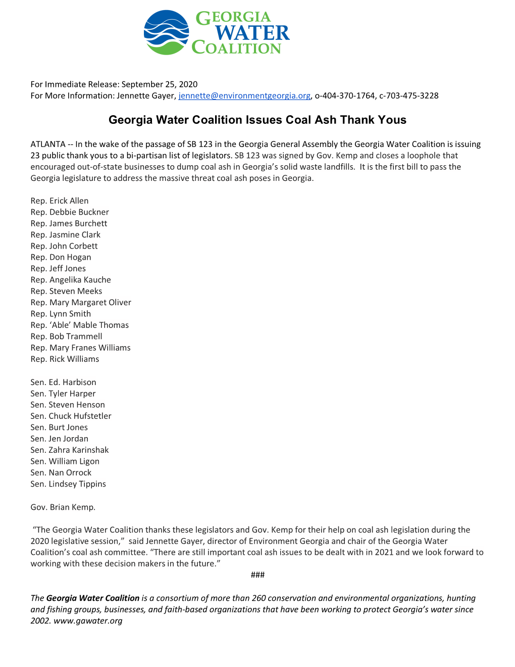 Georgia Water Coalition Issues Coal Ash Thank Yous