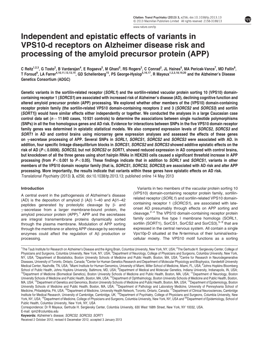Independent and Epistatic Effects of Variants in VPS10-D Receptors on Alzheimer Disease Risk and Processing of the Amyloid Precursor Protein (APP)