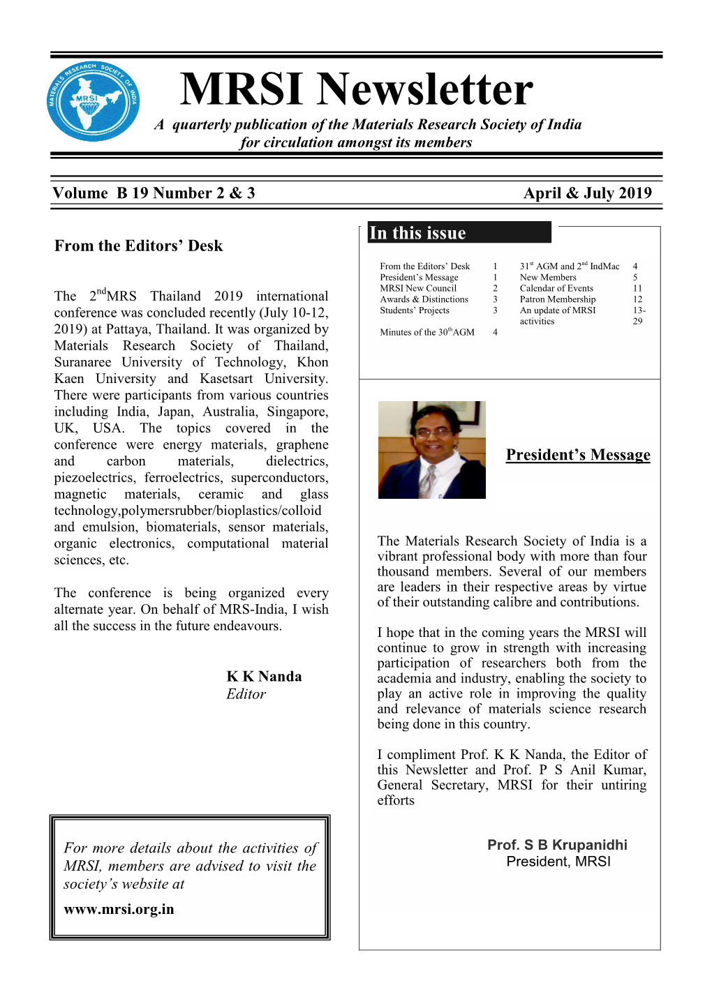 MRSI Newsletter a Quarterly Publication of the Materials Research Society of India for Circulation Amongst Its Members