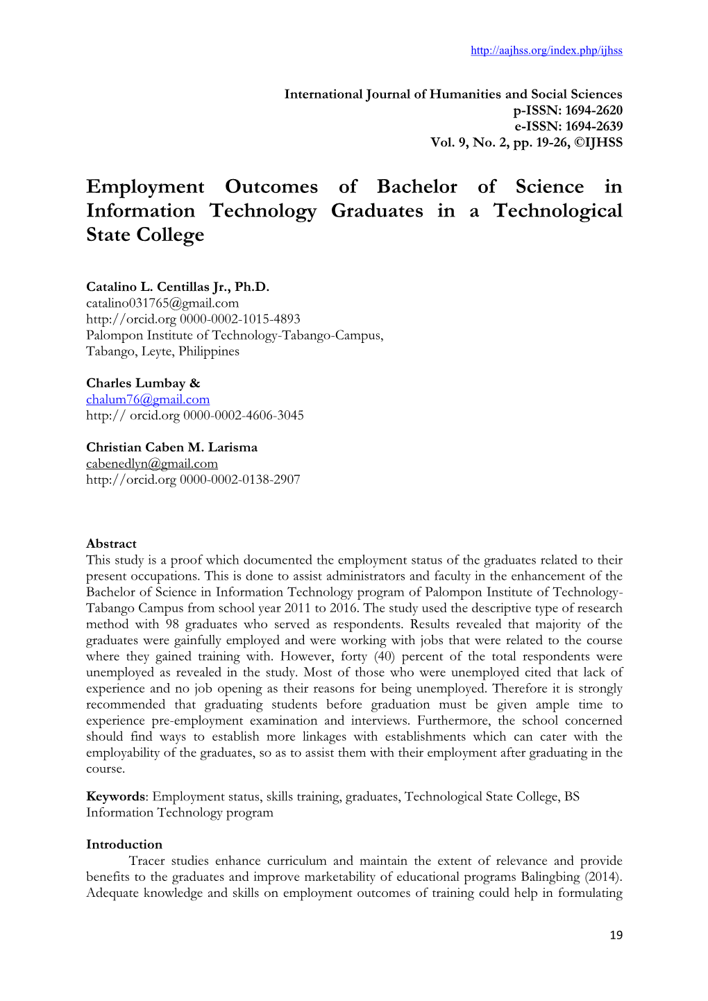 Employment Outcomes of Bachelor of Science in Information Technology Graduates in a Technological State College