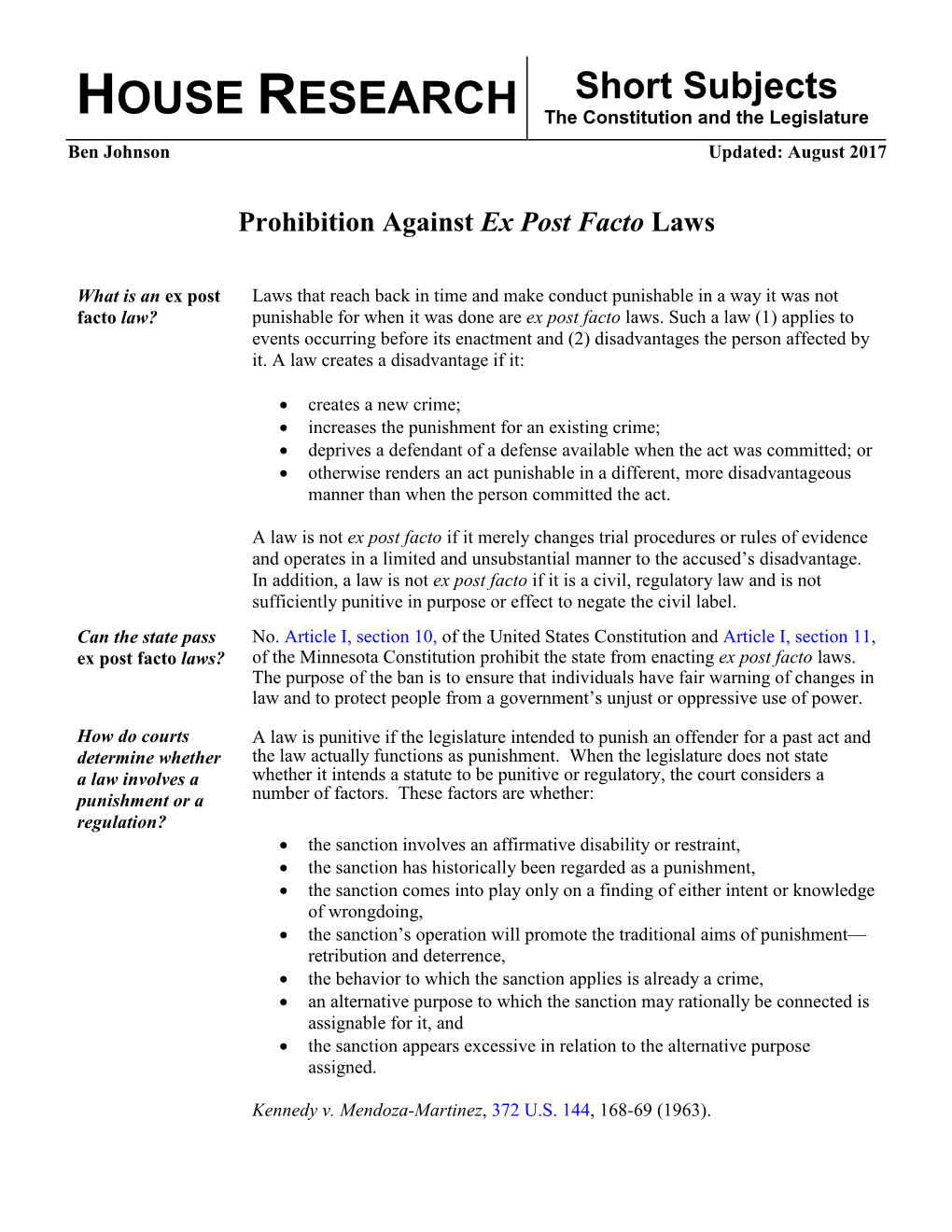 Prohibition Against Ex Post Facto Laws