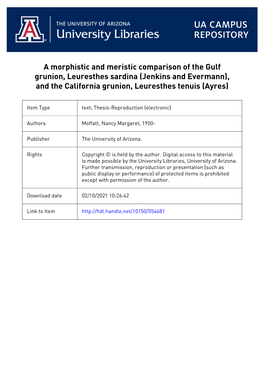 A Morphometric and Meristic Comparison of the Gulf Grunion, Leuresthes Sardina (Jenkins and Evermann), and the California Grunion, Leuresthes Tenuis (Ayres)