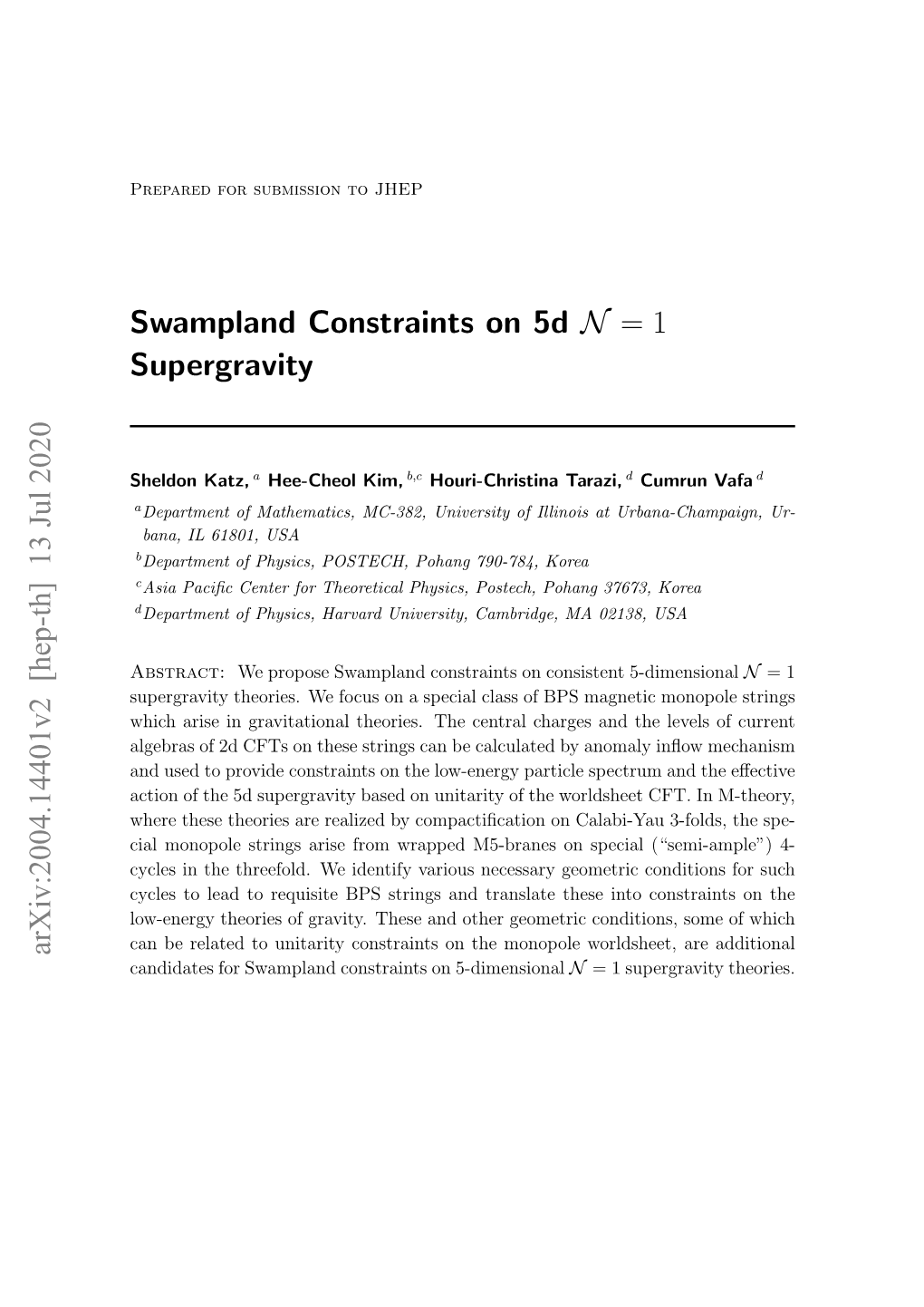 Swampland Constraints on 5D N = 1 Supergravity Arxiv:2004.14401V2