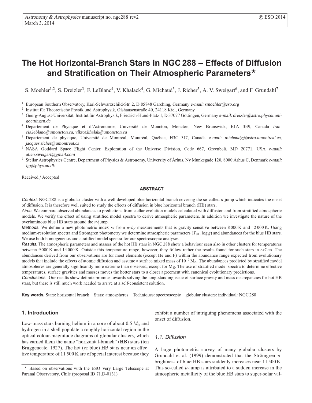 The Hot Horizontal-Branch Stars in NGC 288 – Effects of Diffusion and Stratiﬁcation on Their Atmospheric Parameters