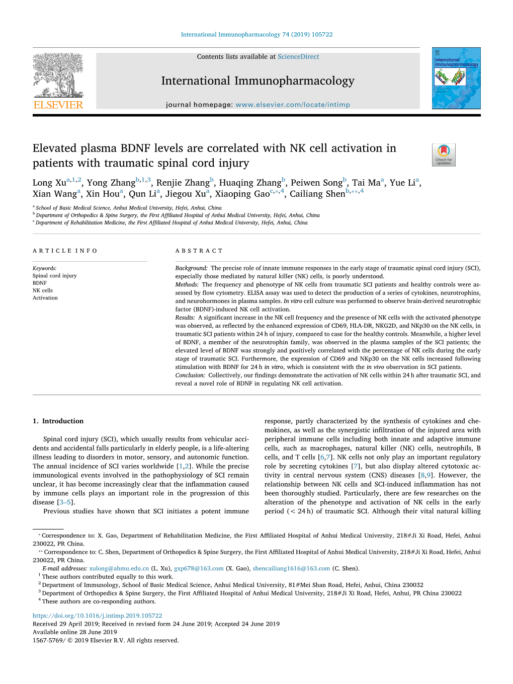 Elevated Plasma BDNF Levels Are Correlated with NK Cell Activation in Patients with Traumatic Spinal Cord Injury T