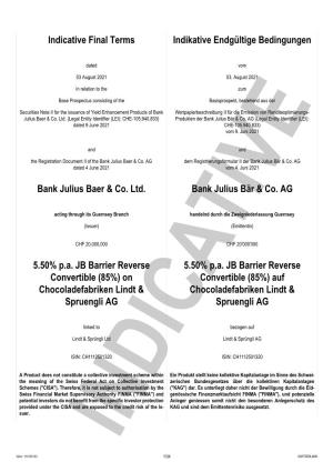 111250132 | 5.50% P.A. JB Barrier Reverse Convertible (85%) on Chocoladefabriken Lindt & Spruengli AG | Julius Baer Derivati