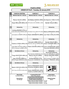 PUNTA OPEN ORDER of PLAY - Tuesday, 22 January 2019
