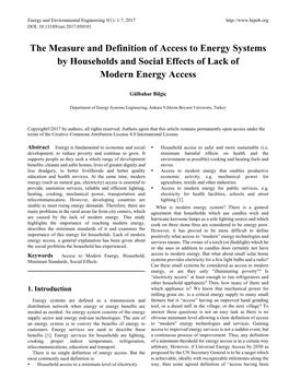 The Measure and Definition of Access to Energy Systems by Households and Social Effects of Lack of Modern Energy Access