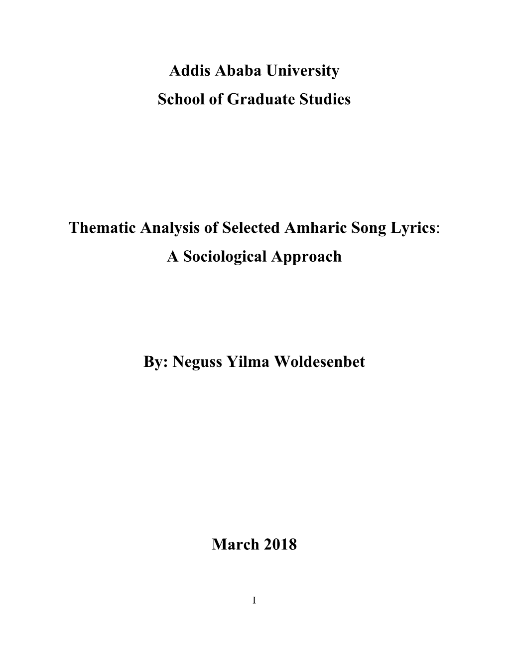 Addis Ababa University School of Graduate Studies Thematic