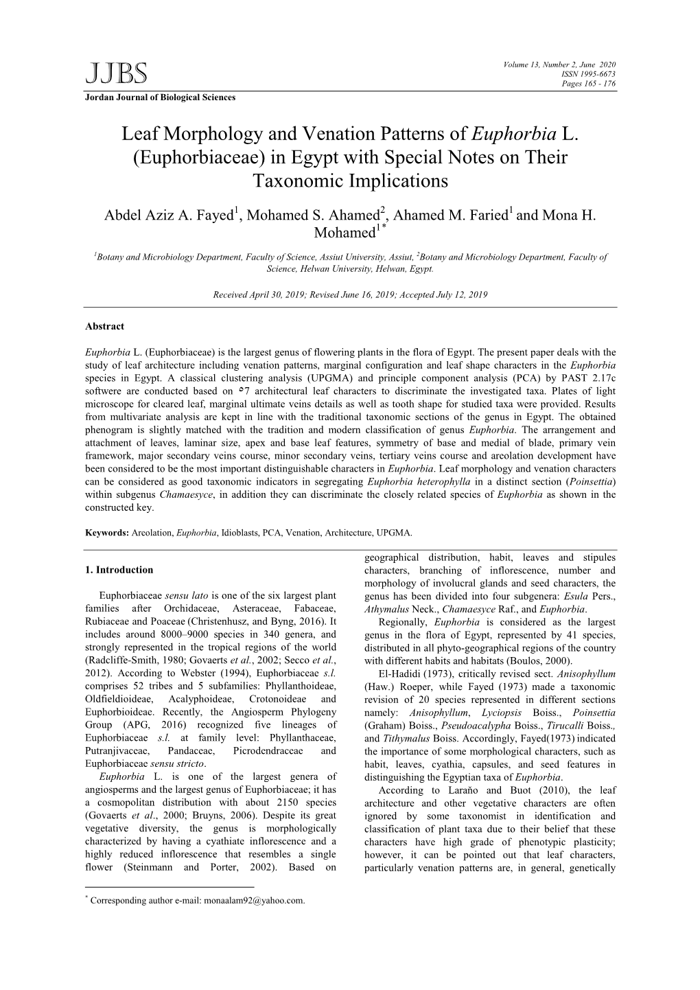 Leaf Morphology and Venation Patterns of Euphorbia L