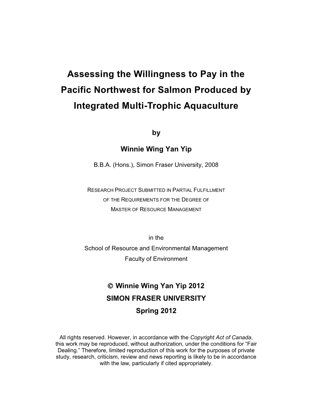 Assessing the Willingness to Pay in the Pacific Northwest for Salmon Produced by Integrated Multi-Trophic Aquaculture