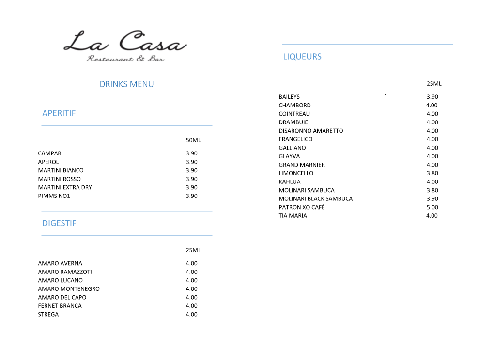 Drinks Menu Aperitif Digestif Liqueurs