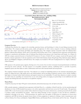 California Pizza Kitchen, Inc. (Nsdq: Cpki) Recommendation