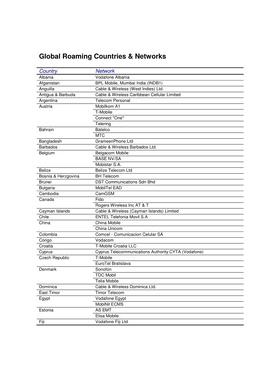 Global Roaming Countries & Networks