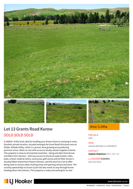 Lot 13 Grants Road Kurow SOLD SOLD SOLD for SALE Sold 5.2445Ha* of Flat Land, Ideal for Building Your Dream Home Or Investing in Vines