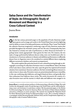 Salsa Dance and the Transformation of Style: an Ethnographic Study of Movement and Meaning in a Cross-Cultural Context Joanna Bosse
