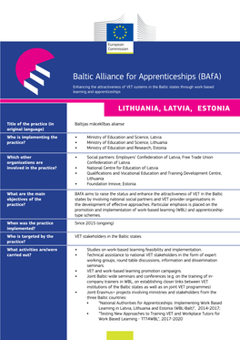 Baltic Alliance for Apprenticeships (Bafa) Enhancing the Attractiveness of VET Systems in the Baltic States Through Work-Based Learning and Apprenticeships