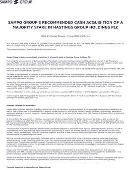 Sampo Group's Recommended Cash Acquisition of a Majority Stake in Hastings Group Holdings