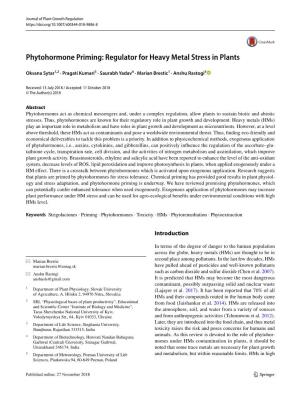 Phytohormone Priming: Regulator for Heavy Metal Stress in Plants