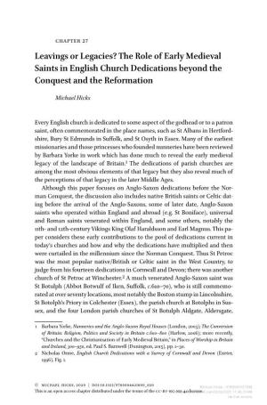 The Role of Early Medieval Saints in English Church Dedications Beyond the Conquest and the Reformation