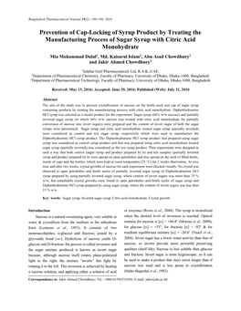 Prevention of Cap-Locking of Syrup Product by Treating the Manufacturing Process of Sugar Syrup with Citric Acid Monohydrate