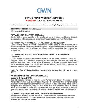 Oprah Winfrey Network Revised July 2012 Highlights