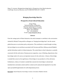 Bringing Knowledge Back In: Perspectives from Liberal Education