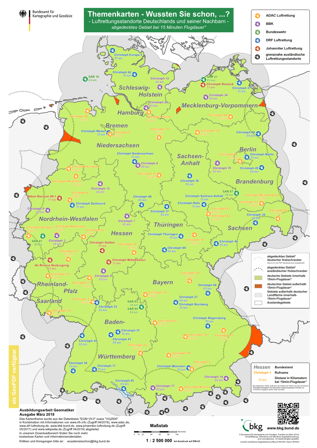 Luftrettungsstandorte Deutschlands Und Seiner Nachbarn - BBK Abgedecktes Gebiet Bei 15 Minuten Flugdauer* Bundeswehr