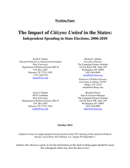 The Impact of Citizens United in the States: Independent Spending in State Elections, 2006-2010