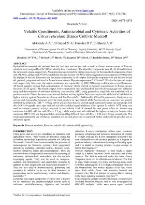Volatile Constituents, Antimicrobial and Cytotoxic Activities of Citrus Reticulata Blanco Cultivar Murcott