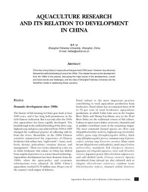 Aquaculture Research and Its Relation to Development in China
